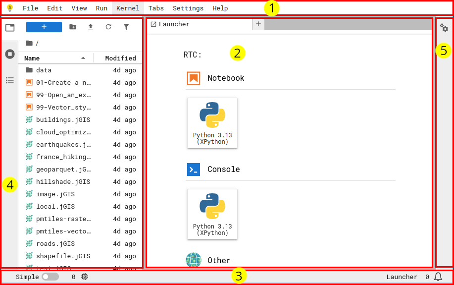The JupyterLab interface, including the "menu bar", "main area", "status bar", "left side panel", and "right side panel"